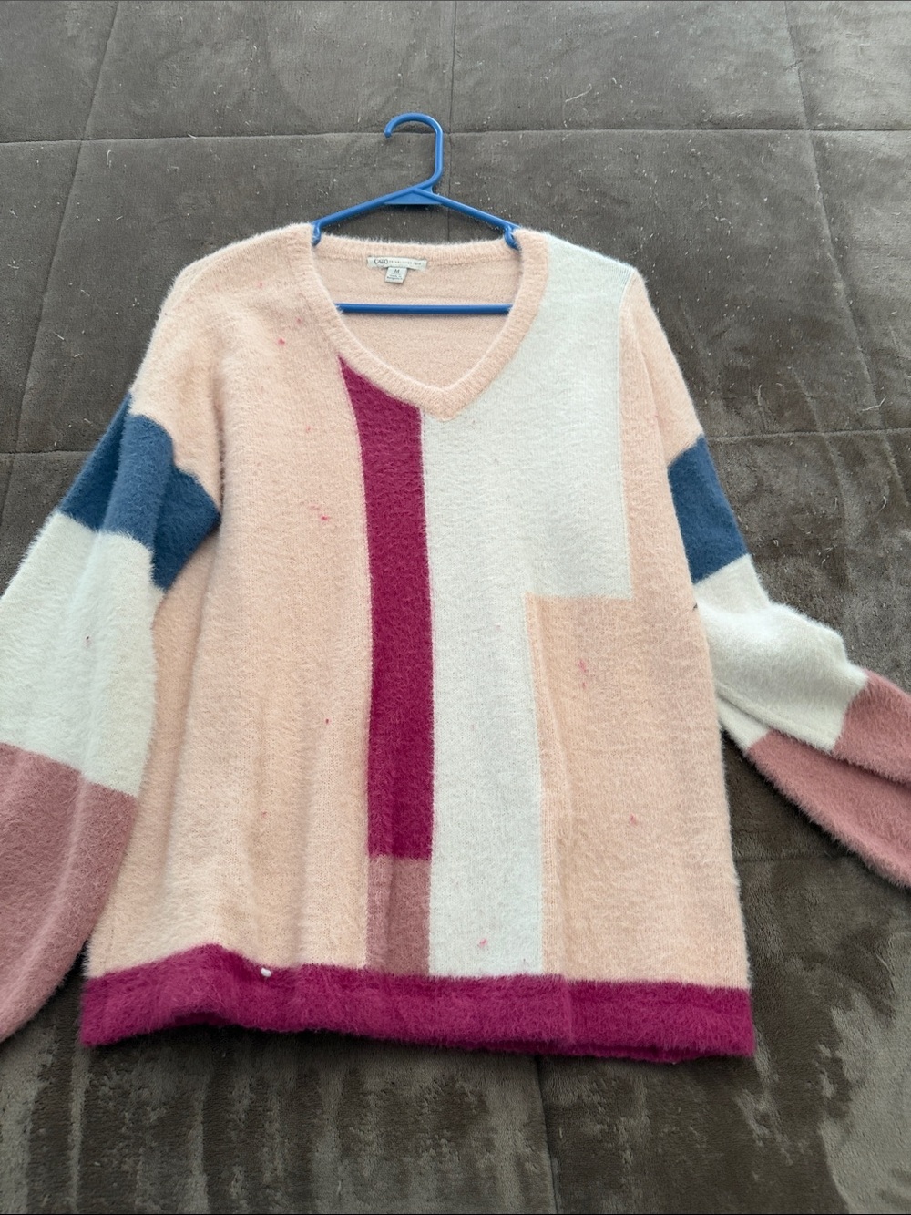 Cato Colorblock V-Neck Sweater in Pink, Cream, Magenta and Blue